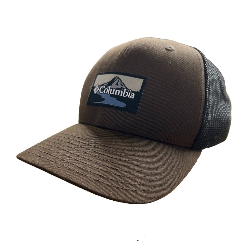 Columbia Mens Flexfit Trucker Hat Brown Black Mesh Mountain Logo Patch Cap